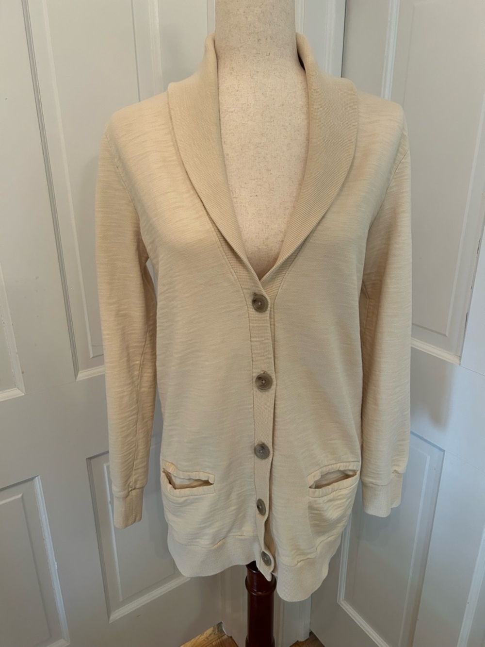 J.CREW French Terry Cardigan Shawl Collar Cream‎ Oversized Button Front Sz M